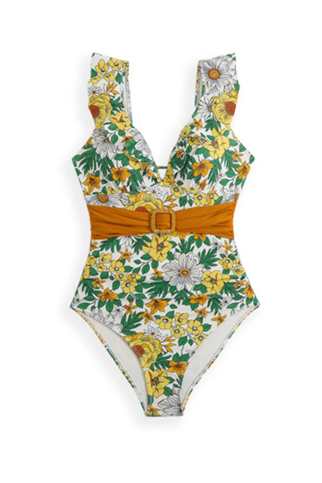 Back-Tie Ruffled Belted One-Piece Swimsuit
