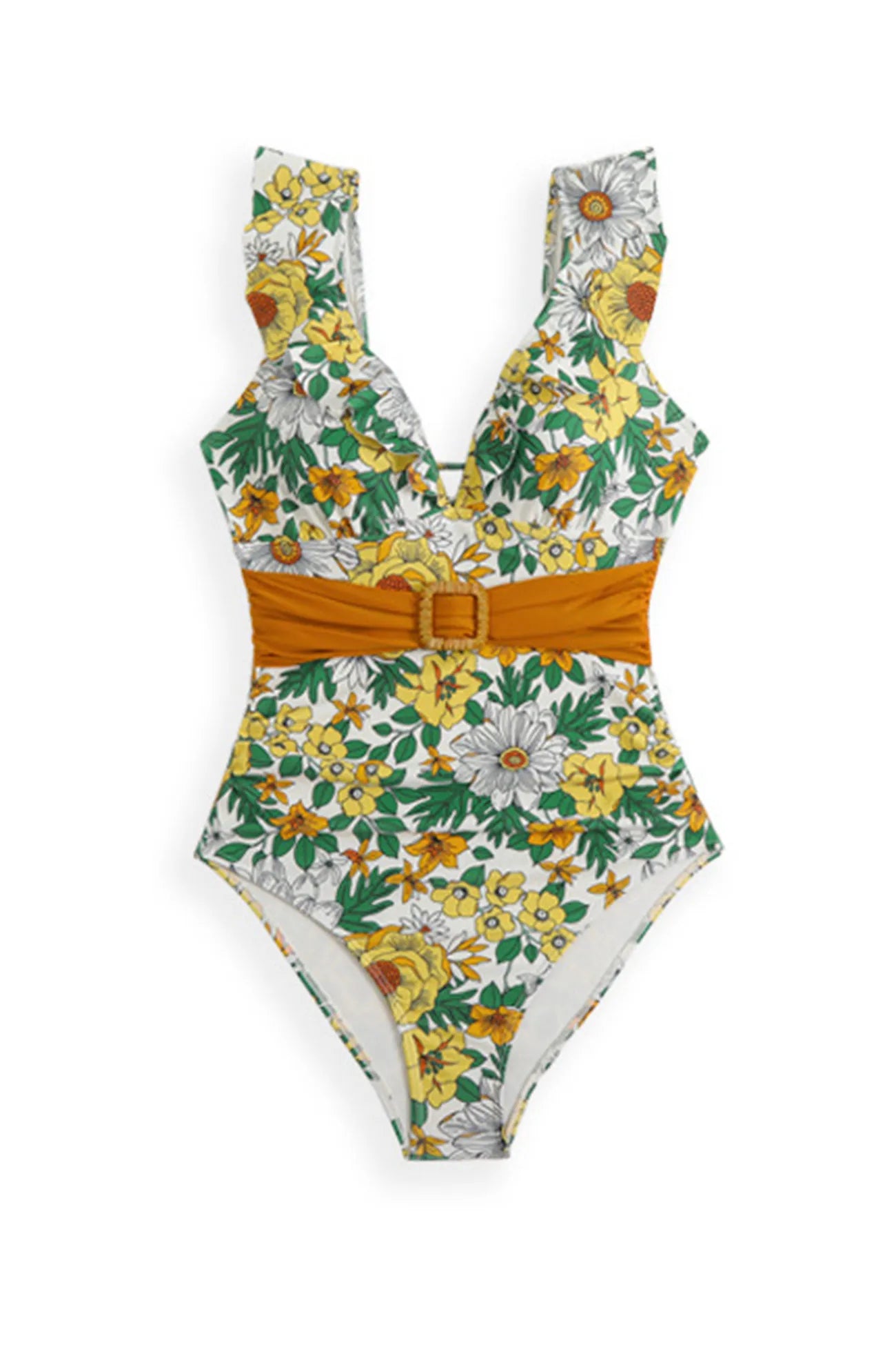 Back-Tie Ruffled Belted One-Piece Swimsuit
