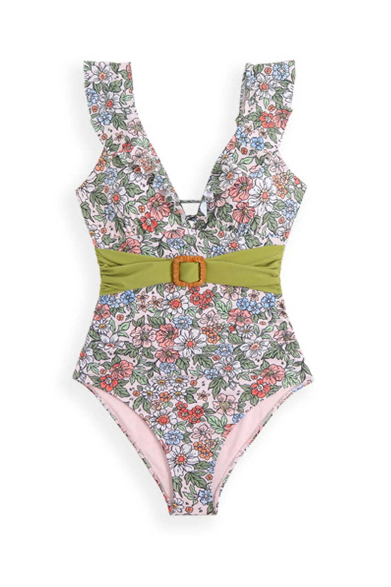 Back-Tie Ruffled Belted One-Piece Swimsuit